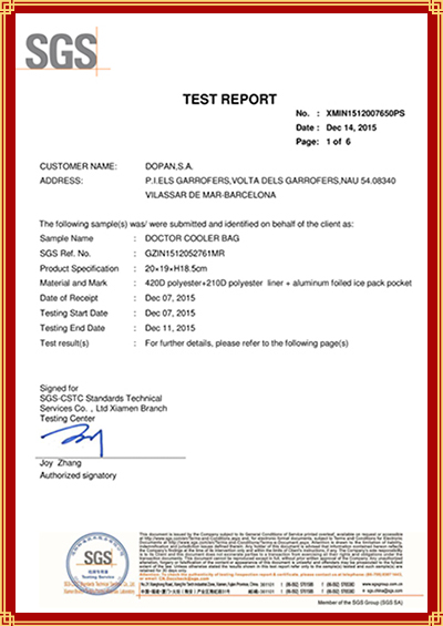 certificat sgs pour sac isotherme médical souple